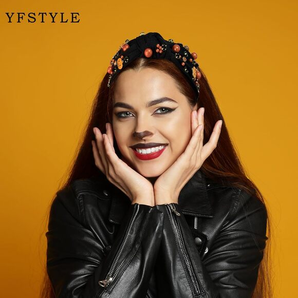 Halloween Headband Women Pumpkin Ghost Gothic Pearl Rhinestone Knotted Hairband - Picture 4 of 7